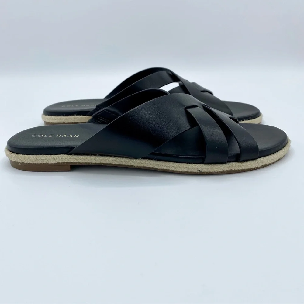 Cole Haan Black Leather Florens Espadrille Slide Sandal Size 7